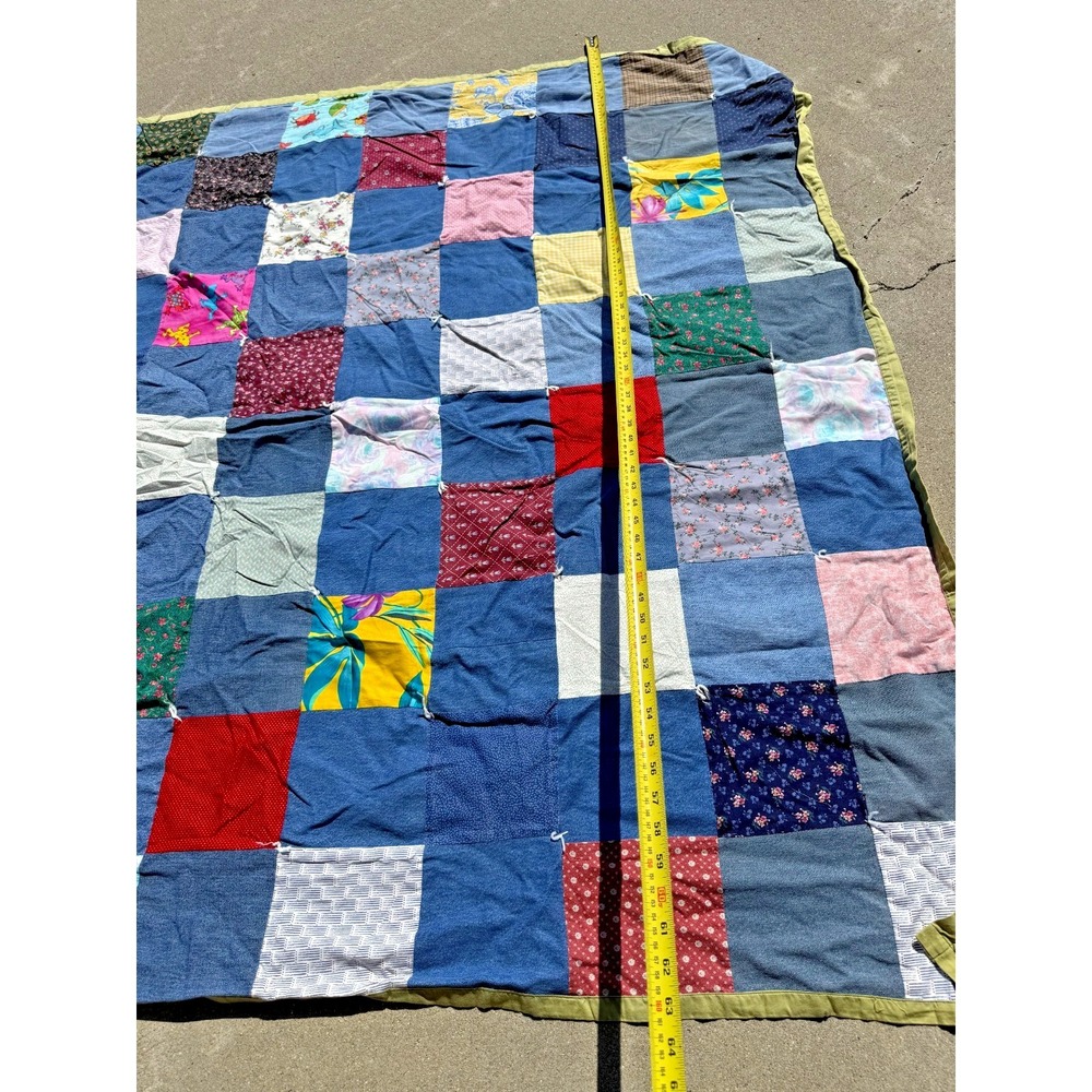 Patchwork Denim Quilt Blanket 85x65 Handmade Scrap Utility Camping